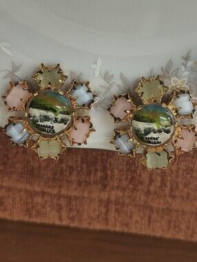 Vtg Rare 1940s Niagara Falls Souvenir Earrings Reverse Painted Glass Pastel